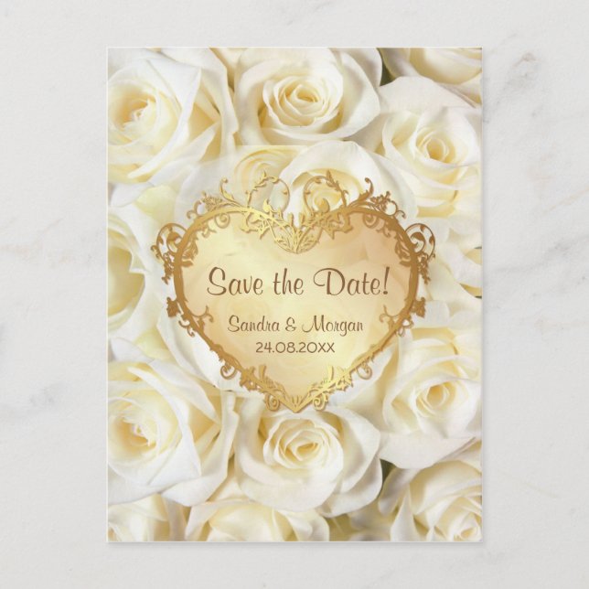 Carte Postale Faire-part Mariage à la rose blanche Sauvez la date (Devant)