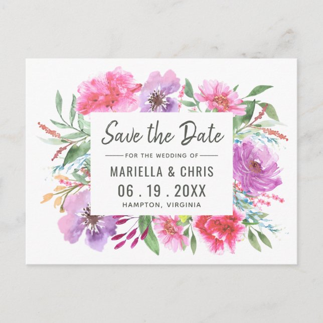 Carte Postale Faire-part Mariage à l'aquarelle moderne Sauvez la date avec  (Devant)