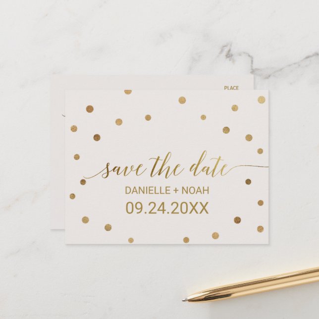 Carte Postale Faire-part Mariage à pois dorés Enregistrez la date (Devant/Arrière en situation)