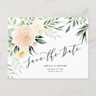 Carte Postale Faire-part Mariage aquarelle pêche rose floral & feuillage