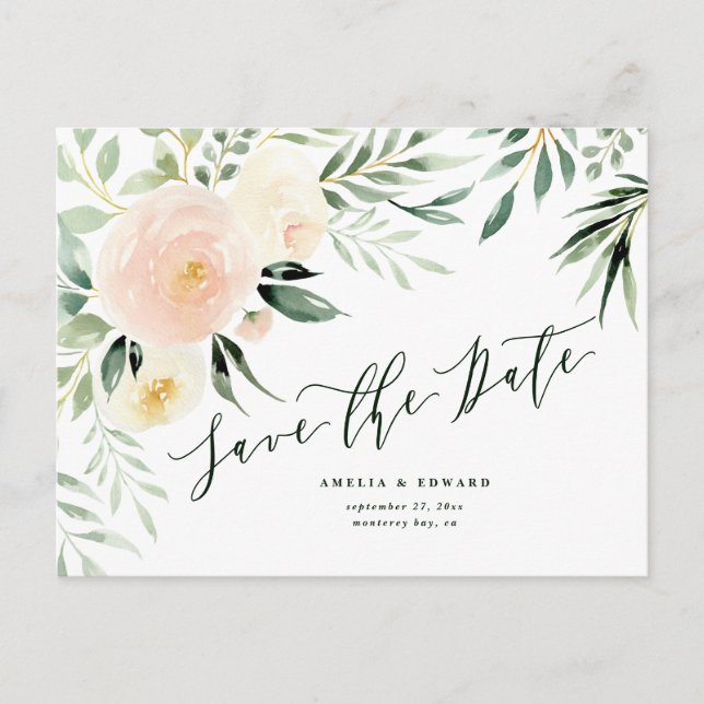Carte Postale Faire-part Mariage aquarelle pêche rose florale & feuillage (Devant)