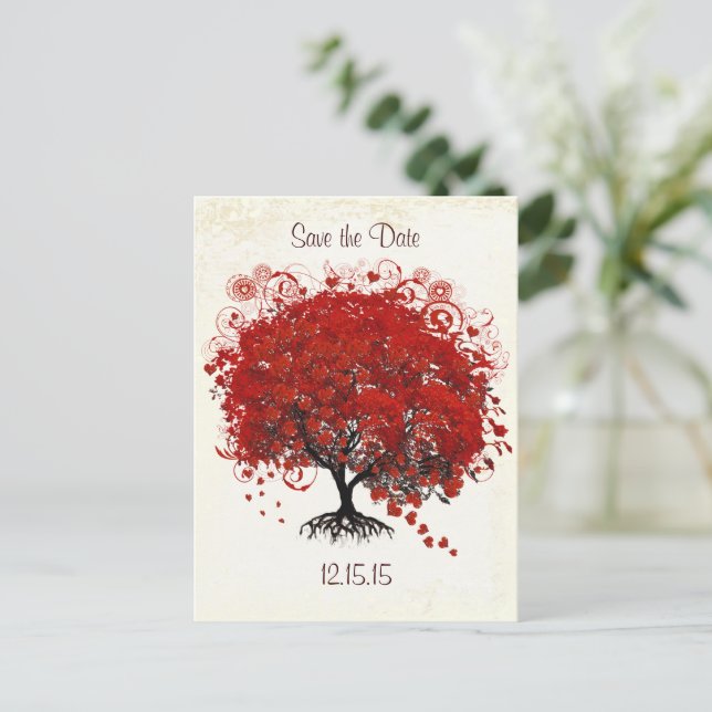 Carte Postale Faire-part Mariage Arbre Rouge Save The Date (Debout devant)