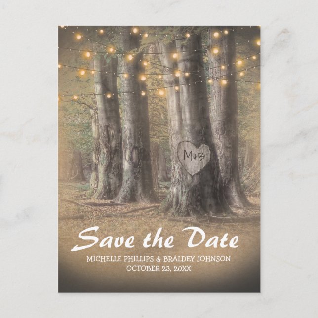 Carte Postale Faire-part Mariage Arbre Rustique et Guirlandes de Lumière En (Devant)