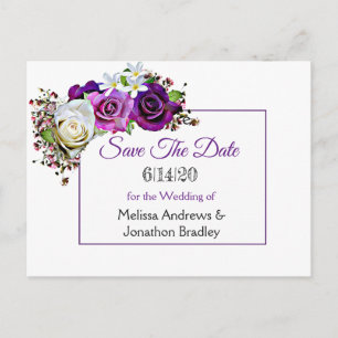 Carte Postale Faire-part Mariage au bouquet de rose violet Enregistrer la d