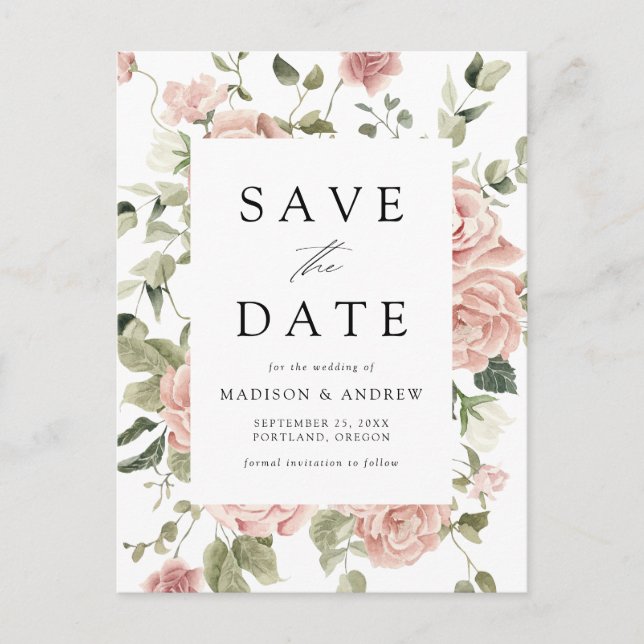 Carte Postale Faire-part Mariage au Jardin de Roses Blush Élégant - Épargne (Devant)