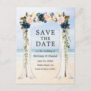 Carte Postale Faire-part Mariage Beach Canopy Aquarelle bleu rose Floral