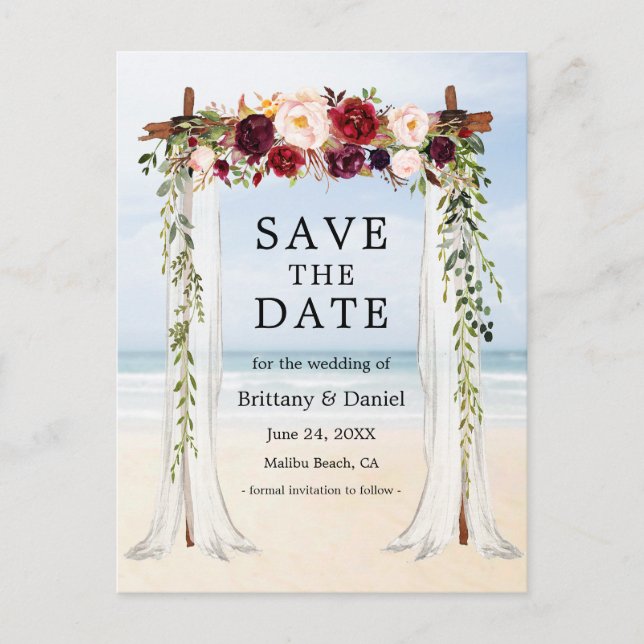 Carte Postale Faire-part Mariage Beach Canopy Aquarelle Bourgogne Floral (Devant)