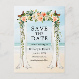Carte Postale Faire-part Mariage Beach Canopy Aquarelle Coral Blanc Floral