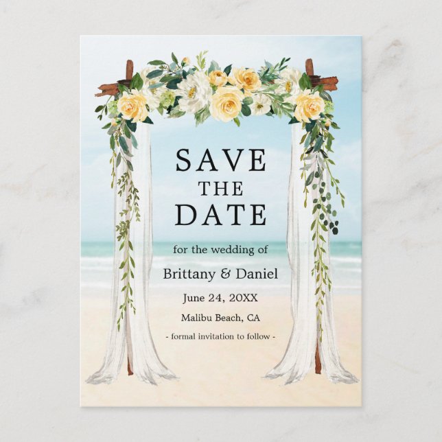 Carte Postale Faire-part Mariage Beach Canopy Aquarelle Jaune Floral (Devant)