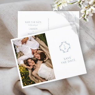Carte Postale Faire-part Mariage bleu et blanc Floral Monogramme Mariage