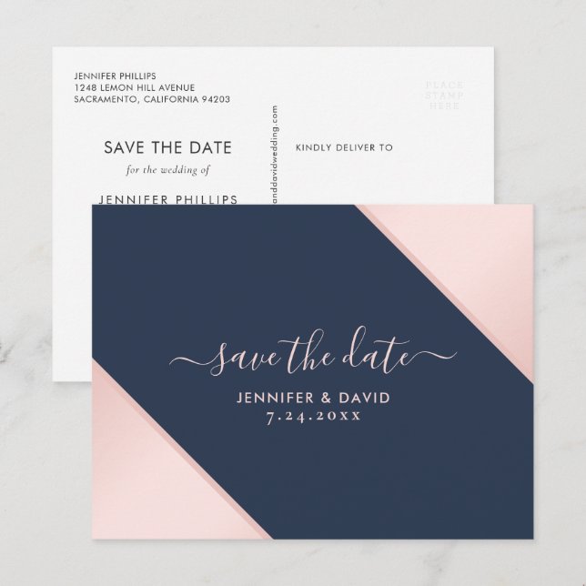 Carte Postale Faire-part Mariage bleu et bleu marine Sauvez la date (Devant / Derrière)