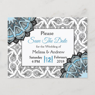 Carte Postale Faire-part Mariage bleu, noir et blanc Enregistrer la date
