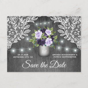 Carte Postale Faire-part Mariage Bocal Mason Violet Argent Enregistrer la D