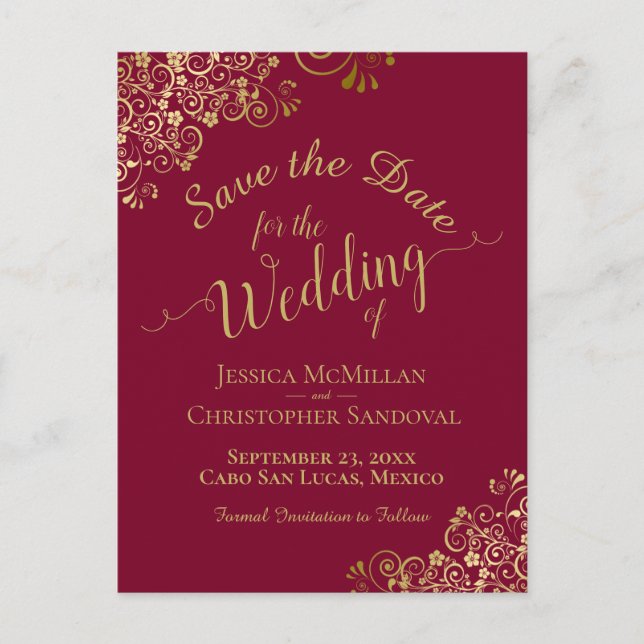 Carte Postale Faire-part Mariage calligraphié or Enregistrer la date Marron (Devant)