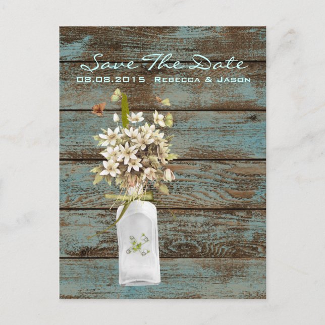 Carte Postale Faire-part mariage campagnard fleur sauvage en bois de grange (Devant)