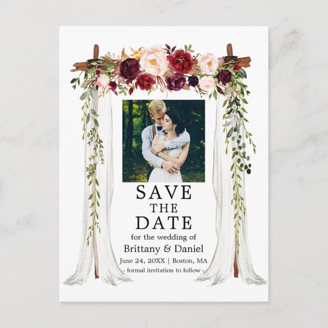 Carte Postale Faire-part Mariage Canopy Aquarelle Bourgogne Photo Florale (Devant)