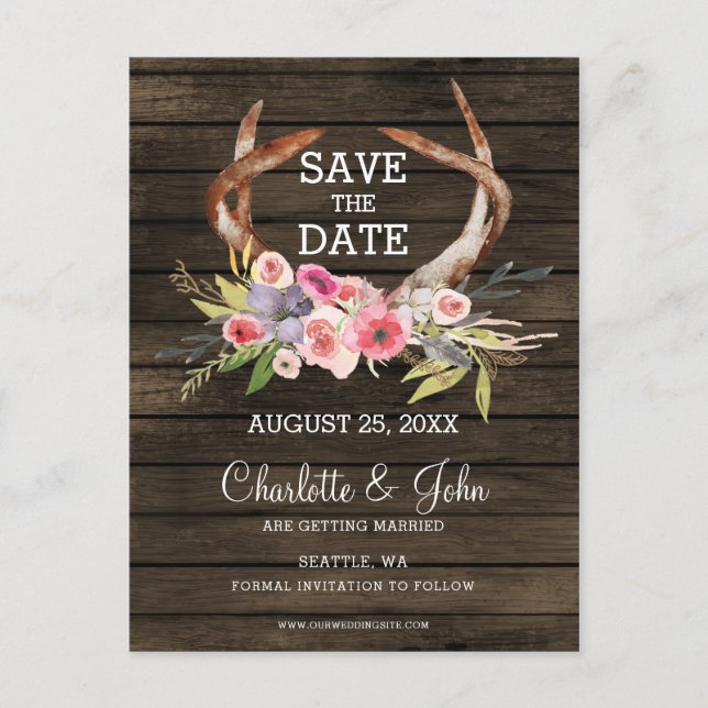 Carte Postale Faire-part mariage chic campagne aux bois de cerfs en fleurs (Devant)
