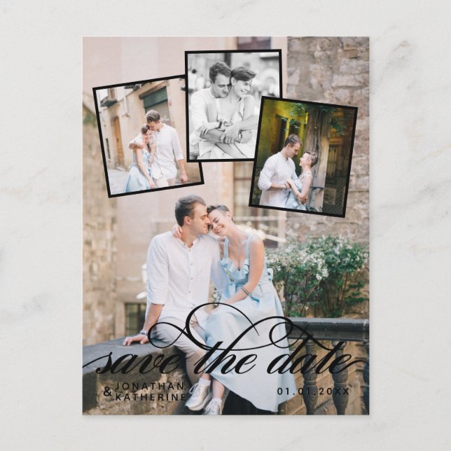 Carte Postale Faire-part Mariage Collage Photo Romantique Écriture Noire (Devant)