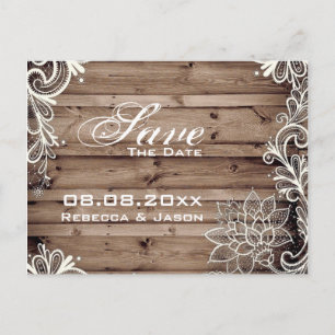 Carte Postale Faire-part mariage country bois de grange dentelle save the d