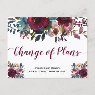 Carte Postale Faire-part Mariage Date reportée Marine Bourgogne Florale