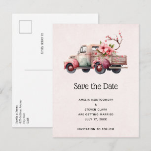 Carte Postale Faire-part Mariage de camion Vintage rose Sauvez la date