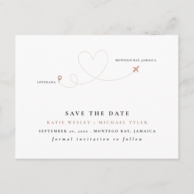Carte Postale Faire-part Mariage de destination en Rose Gold - Sauvegarder  (Devant)