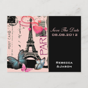 Carte Postale Faire-part mariage de destination tour eiffel rose Paris