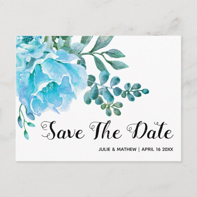 Carte Postale Faire-part Mariage de fleurs d'aquarelle bleue Enregistrer la (Devant)