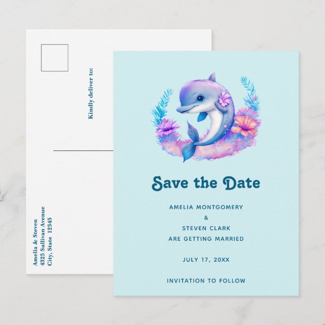 Carte Postale Faire-part Mariage de la créature de mer dauphin mignon (Devant / Derrière)