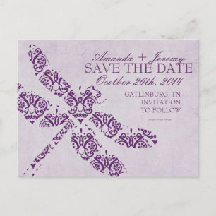 Carte Postale Faire-part Mariage de libellules pourpre Damask