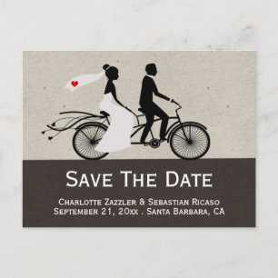 Carte Postale Faire-part Mariage de mariée et de marié à vélo en tandem mig