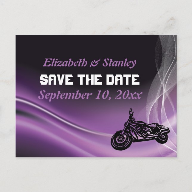 Carte Postale Faire-part Mariage de motards violets Enregistrer la date car (Devant)