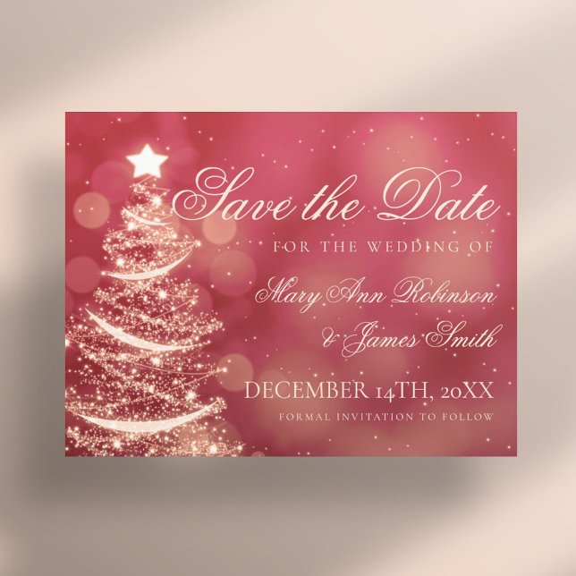 Carte Postale Faire-part Mariage de Noël Rouge & Or Élégant Enregistrez La  (Elegant Red & Gold Christmas Wedding Save The Date Announcement Postcard)