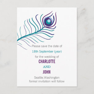 Carte Postale Faire-part Mariage de paon bleu turquoise violet enregistrer 