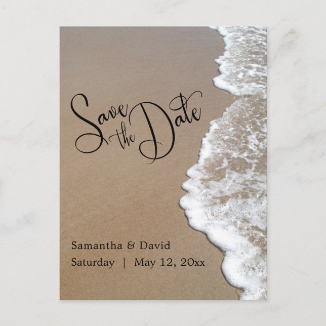 Carte Postale Faire-part Mariage de plage de sable et de mousse Enregistrer (Devant)