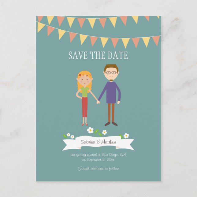 Carte Postale Faire-part Mariage de portrait en couple de dessin illustré (Devant)