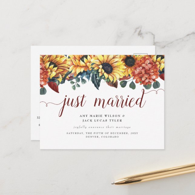 Carte Postale Faire-part Mariage de tournesols rustiques (Devant/Arrière en situation)
