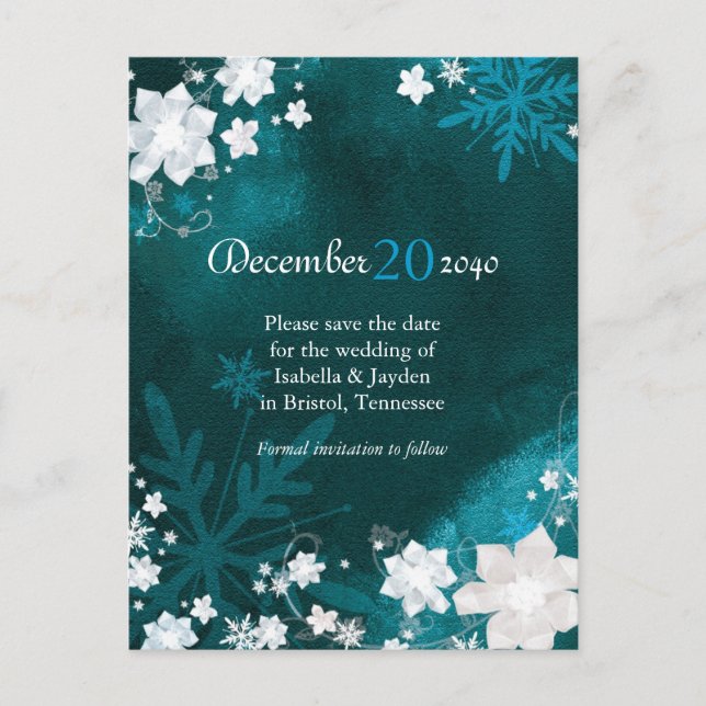 Carte Postale Faire-part Mariage d'hiver Blanc et Sarcelle, Enregistrez la  (Devant)