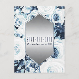 Carte Postale Faire-part Mariage d'hiver en argent bleu blanc Enregistrer l