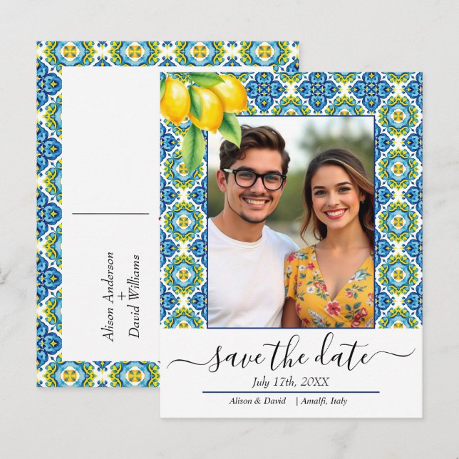 Carte Postale Faire-part Mariage du citron à carrelage bleu et jaune médite (Devant / Derrière)