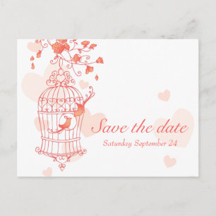 Carte Postale Faire-part Mariage d'une cage d'oiseau rose corail enregistre