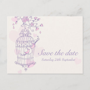 Carte Postale Faire-part Mariage d'une cage d'oiseau rose pourpre, sauvez l