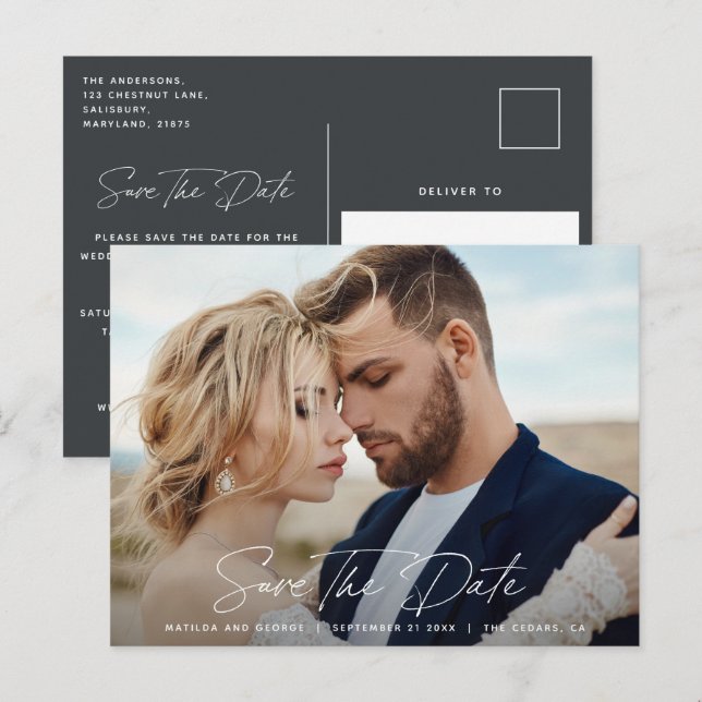 Carte Postale Faire-part Mariage élégant à écriture moderne (Devant / Derrière)