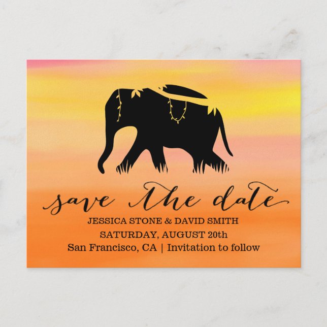 Carte Postale Faire-part Mariage élégant de l'éléphant de coucher de soleil (Devant)