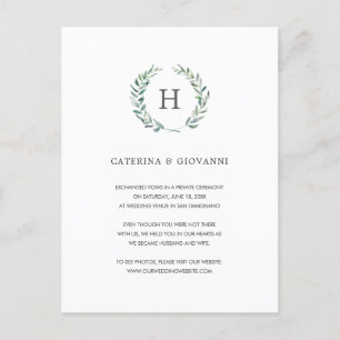 Carte Postale Faire-part Mariage Élégant Monogram Elopement Wreath Verdure