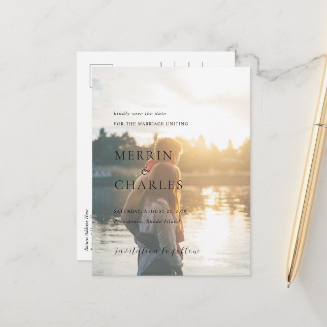 Carte Postale Faire-part Mariage élégant noir et blanc, enregistrez la date (Devant/Arrière en situation)