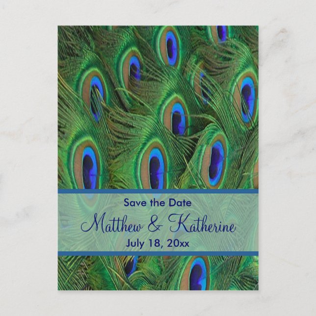 Carte Postale Faire-part Mariage Emerald Green Royal Blue Peacock Feathers (Devant)