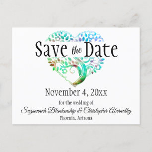 Carte Postale Faire-part Mariage Enregistrer La Date Aqua Blue Tree Heart P