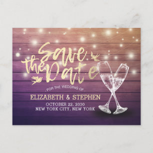 Carte Postale Faire-part Mariage Enregistrer La Date Champagne Verres Bois