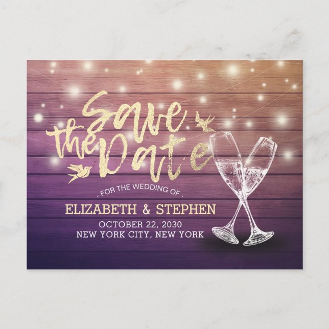 Carte Postale Faire-part Mariage Enregistrer La Date Champagne Verres Bois  (Devant)